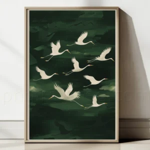 Vintage Wall Art: Transform Your Space with Timeless Nostalgia, Japanese Style Artwork, Flying Cranes Japandi Style Print Green White Bird Image PRINTABLE Digital Download Elegant Gallery Wall Art Vintage.