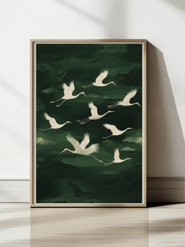 Vintage Wall Art: Transform Your Space with Timeless Nostalgia, Japanese Style Artwork, Flying Cranes Japandi Style Print Green White Bird Image PRINTABLE Digital Download Elegant Gallery Wall Art Vintage.