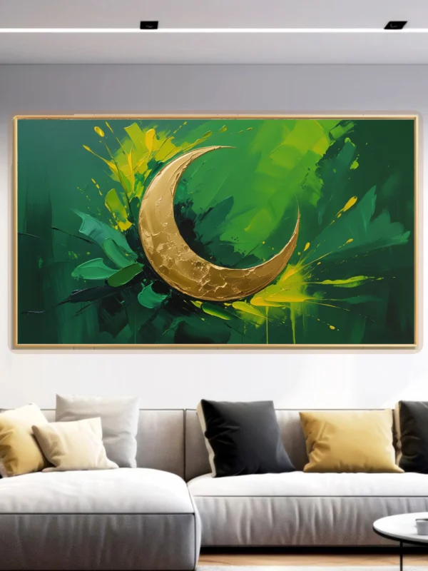 Celestial Serenity –Golden Crescent Moon Canvas Art Abstract Green Background (Instant Download)2025 - Image 2