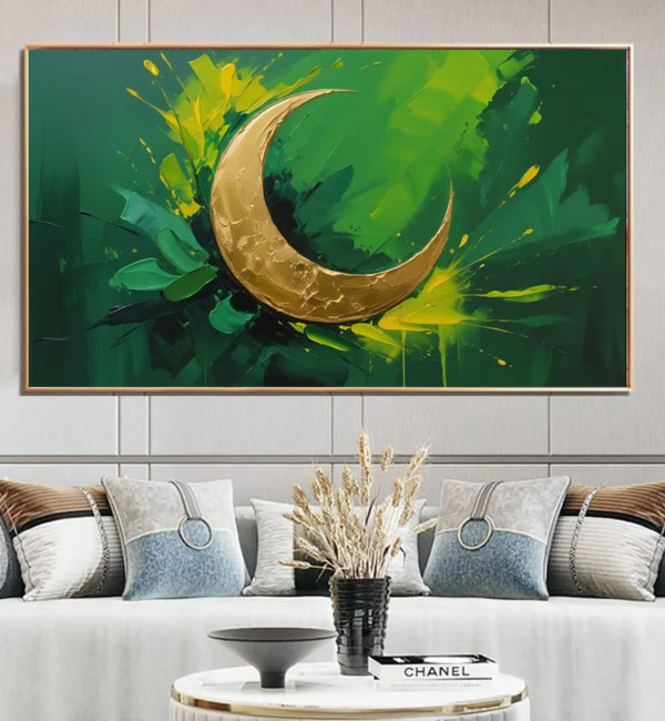 Celestial Serenity –Golden Crescent Moon Canvas Art Abstract Green Background (Instant Download)2025 - Image 3