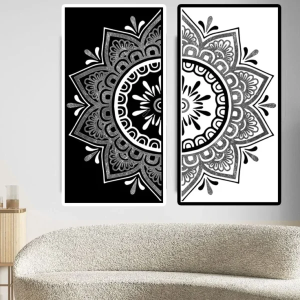 Black And White 2Panel Mandala Art Canvas – Digital Download | Boho Wall Decor | Modern Prints